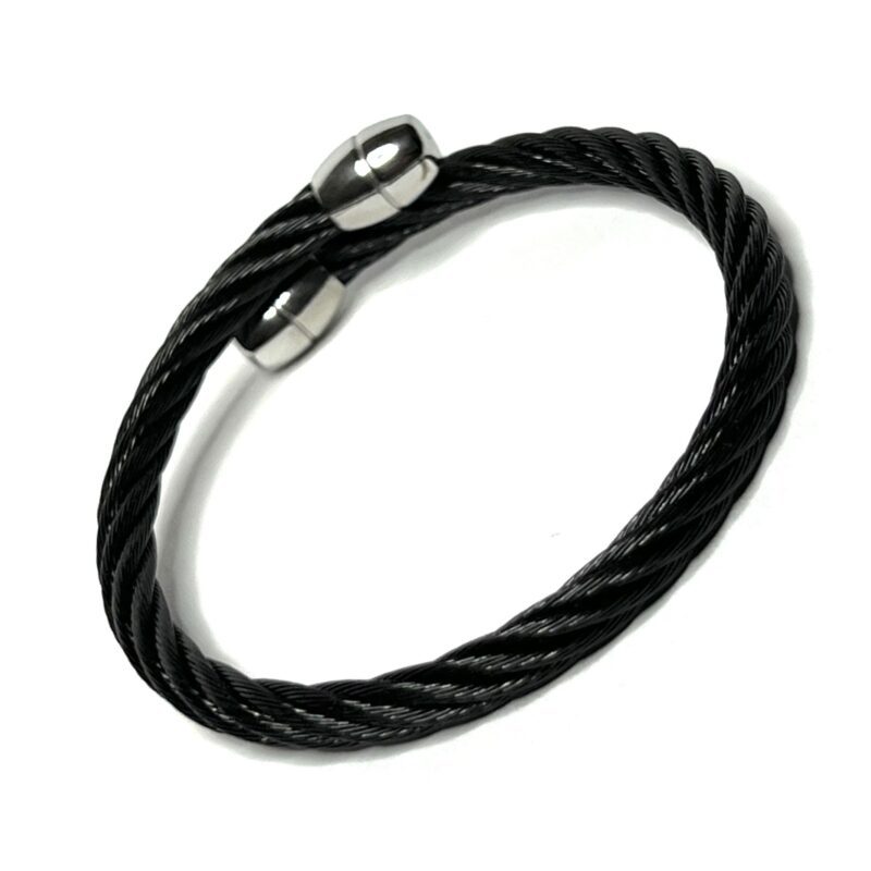 Stainless Steel Black Cable Bangle w/Silver Tips